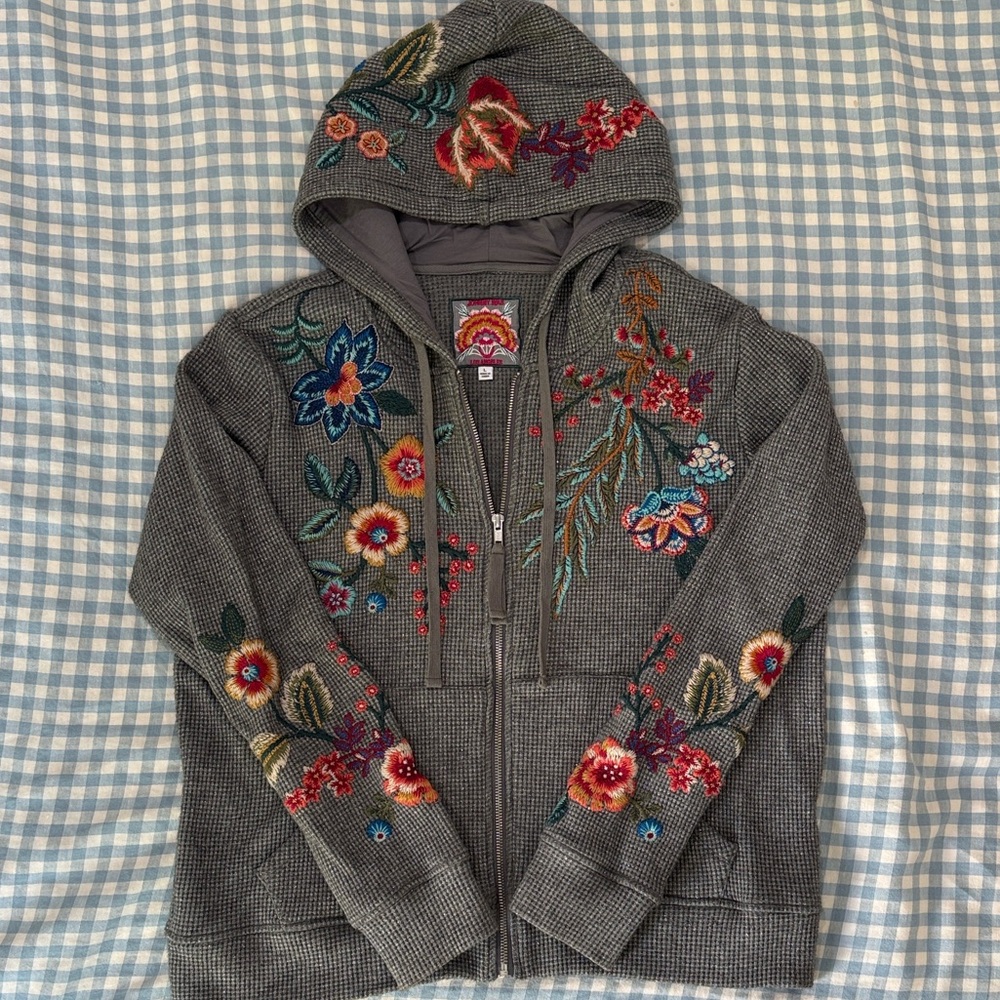 Johnny Was Embroidered Zip-Up Hoodie – Gray – Size L